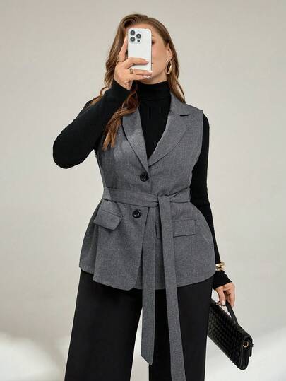 Auralis Plus Size Women's Spring And Autumn Fashion Casual Loose Comfortable Daily Purplish-Red Suit Vest Jacket, Old Money Style,Work Wear,Business Casual Women,Fall Outfit,Office Outfits For Women,Women Blazer