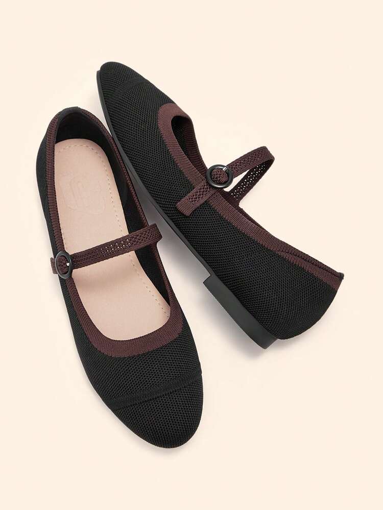 CUCCOO BASICS Women's Round Toe Flat Black Knit Slip-On Sandals With Double Straps And Buckle Closure, Comfortable Breathable Casual Commute Versatile Mary Jane Shoes Spring Shoes