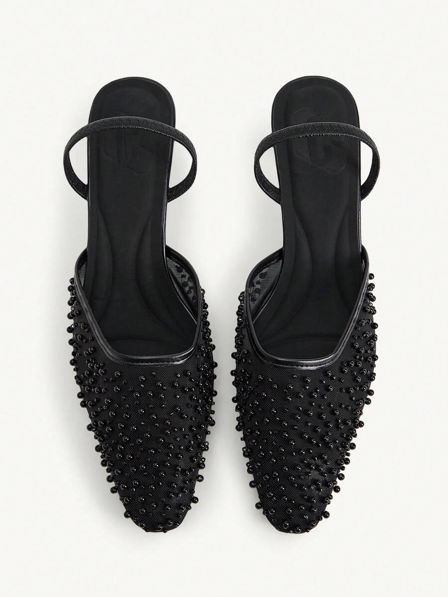 CUCCOO CHICEST 新款时尚优雅黑色网纱刺绣串珠方头中跟派对踝带高跟鞋，女士款 - 黑色 - 查看 1