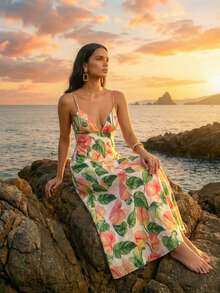 CAJUNI 女士休闲度假红棕榈龟背竹纤维白色、粉色、绿色吊带V领飘逸连衣裙，适合约会、外出 - 彩色 - 查看 5
