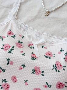 SHEIN Bộ đồ ngủ trẻ em Dozemod dành cho bé gái tuổi teen, in họa tiết hoa, viền nơ và áo hai dây, gồm áo hai dây và quần short, kiểu dáng thoải mái, ôm sát, 2 món, màu hồng. - Màu Hồng baby - Xem 4