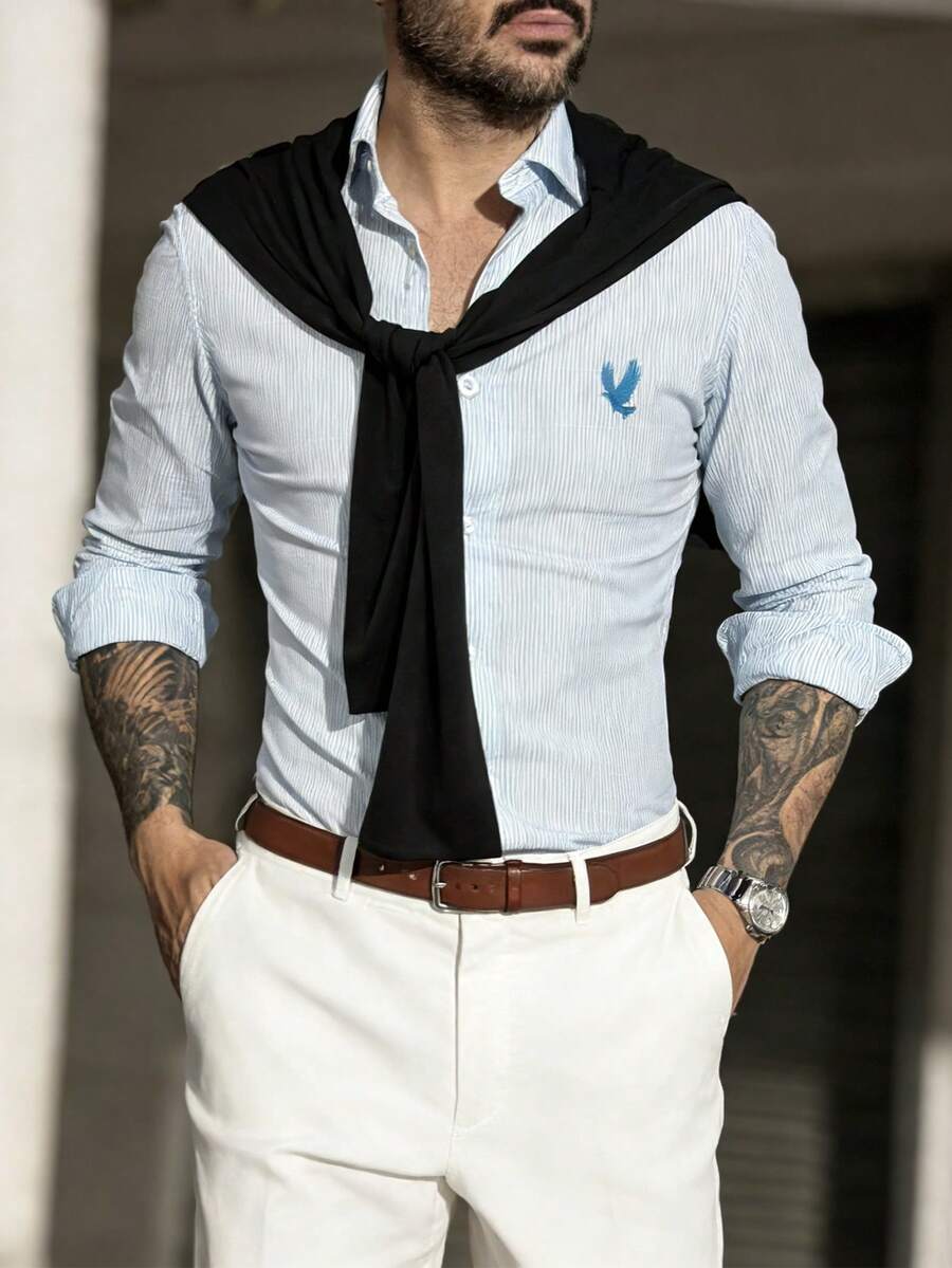 Manfinity Dauomo Men's Striped Patchwork Shawl Collar Shirt - Multicolor - View 1