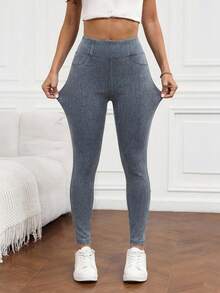 Flexra Quần jean nữ dáng ôm, cạp chun, kiểu dáng thường ngày - Màu xanh nhạt - Xem 4