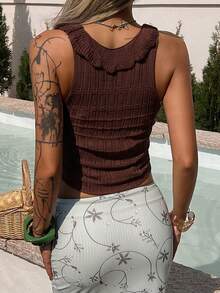 DAZY Women's Frill Trim Textured Fabric Fitted Cropped Sweater Vest - Coffee Brown - View 6