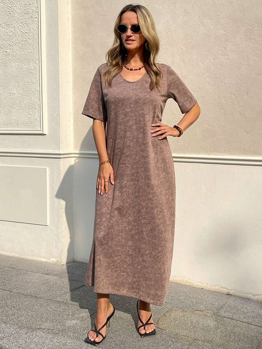 Vivie Lora Women's Tie-Dye Round Neck Loose Mid-Length Dress - Khaki - View 1