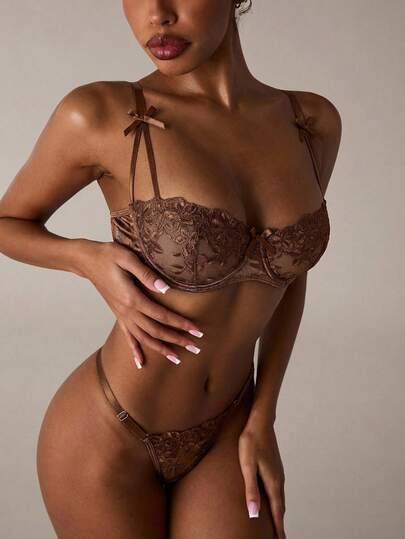 SHEIN BAE 2pcs/Set Romantic Floral Embroidery Sexy Lingerie Set For Women Hollow Out Lingerie Butterfly Lingerie Set Underwire Lingerie Set Brown Lingerie Brown Lace Bra