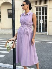 MaterniWear Maternity Single-Breasted Casual Waist Tie Sleeveless Shirt Dress - Purple - View 6
