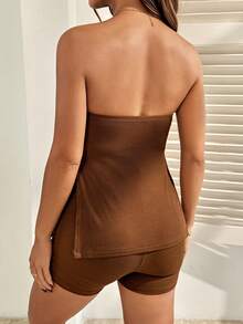 SHEIN 2pcs Maternity Solid Color Comfortable Cropped Top And Shorts Set, Summer Cute Outfit Outfits Beach Casual Holiday - Brown - View 2