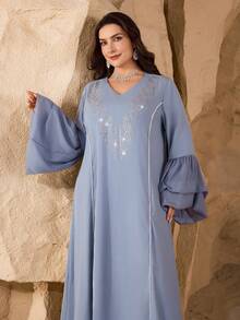 Al Najma Plus Size Middle Eastern V-Neck Pearl Trim Decor Long Sleeve Puff Cuff Rhinestone Embellished Loose Fit Shiny Comfortable Party Maxi Dress - Dusty Blue - View 5