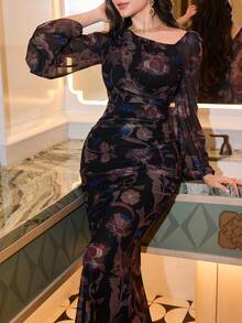 Modelyn 优雅印花不对称领口喇叭袖修身中长连衣裙，适合女士，春秋季穿着 - 彩色 - 查看 7