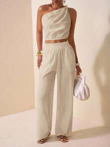 Zivah New Summer New Music Festival, Easter, Mother's Day, Western Style, Nomadic Style, Birthday Party, Graduation Season, Student Wear, Daily Outing, Basic Versatile, Casual, Vacation, Cruise Travel, Beach, Sunbathing, Viral Hit, Elegant, Commute, Business Casual, One-Shoulder, Twist, Asymmetrical Shoulder, Open Back, Cropped Women's Top And Straight Loose Pants, Frill Hem, Pockets, Textured Fabric, White, Women 2 Pieces Set - Apricot - View 3
