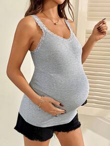 SHEIN 孕婦夏季灰色蕾絲飾邊孕婦背心上衣，舒適柔軟休閒外出上衣，適合女性 - 灰色 - 查看 5