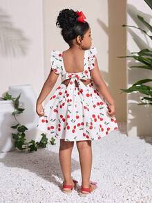 SHEIN Young Girl Cute Cherry Print Vacation Dress - Red - View 6