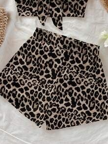 Soleia Bộ đồ 2 món dành cho nữ, kiểu dáng thường ngày, họa tiết da báo, gồm áo quây và quần short. - Nhiều màu - Xem 5