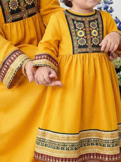 SHEIN Baby Girl Elegant Vintage Print Long Dress