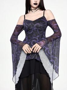 ROMWE Goth 禁忌暗森林波西米亚哥特风蛇刺墓地印花露肩喇叭袖网纱上衣 - 彩色 - 查看 6