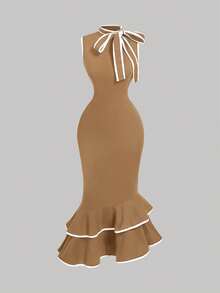 SHEIN MOD Women's Sleeveless Midi Dress With Draped Collar - Camel - View 1