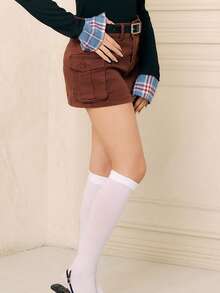 Criza Taa Flap Pocket Cargo Denim Skirt - Coffee Brown - View 7