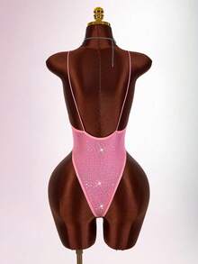 Amplova Rhinestone Glitter Backless Sheer Sexy Bodysuit For Party - Pink - View 2
