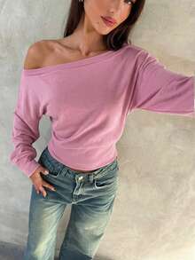Aloruh Apricot Knit Asymmetric Shoulder Long Sleeve Top For Women, Autumn/Winter - Pink - View 6