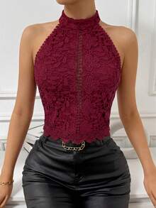 Firerie Women's Fashionable Contrast Lace Backless Camisole, Summer,Summer Top - Burgundy - View 3