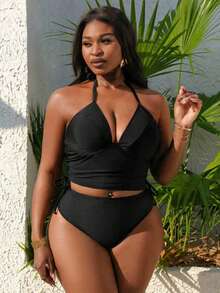 Slaydiva 2026 New Summer Beach Vacation Sexy Solid Color Steel Hoop Drawstring Sides Bikini Top, Plus Size - Black - View 4