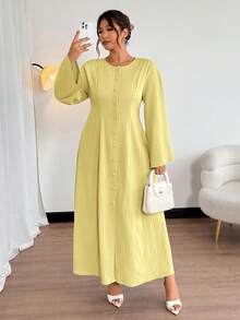 Firerie 春秋新款优雅通勤休闲旅行度假喇叭袖纽扣前襟喇叭下摆复古腰A字浪漫日常通勤波西米亚风办公连衣裙 - 黃色 - 查看 6