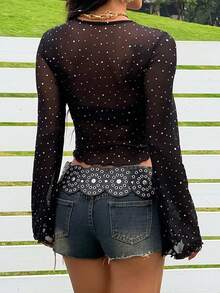 SHEIN EZwear Blusa de manga larga con malla y lentejuelas negras para mujer - Negro - Ver 2