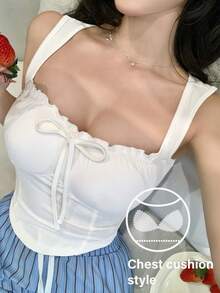 DAZY Frill Trim Bowknot Fitted Women's Base Layer Top - White - View 3