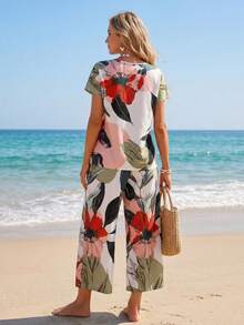 Sylviya 2 件夏季女士乡村花卉印花圆领短袖上衣和阔腿裤套装 - 彩色 - 查看 2