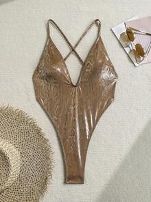 Swim SXY New Arrival Plunging Neckline Snake Skin Texture Backless High Waist Sexy Bodysuit For Women - Brown - View 7