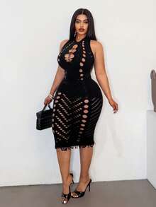 Maweii Plus Size Women Sexy Solid Color Hollow Backless Halter Dress - Black - View 2
