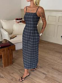 DAZY Damen kariertes figurbetontes elegantes Maxikleid Sommerkleid für Frauen - Blau - Übersicht 5