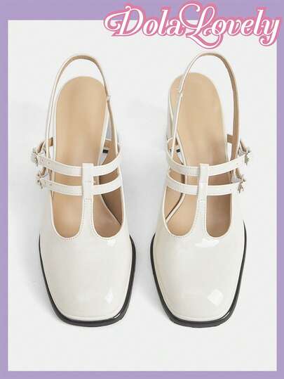 Dola Lovely White Patent Thick Heel T-Strap Mary Jane High Heel Shoes, Suitable For JK Uniform, Commute, Daily, Campus, Fashion, Versatile, Lolita Style