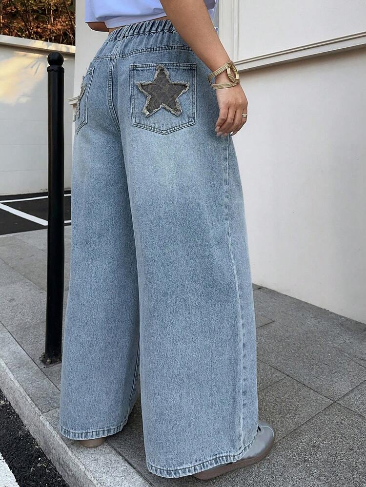 Dazy Plus Fashionable Washed Light Color Patchwork Leopard & Star Print Loose Straight Leg Plus Size Women Jeans, Streetwear Style, All Season
