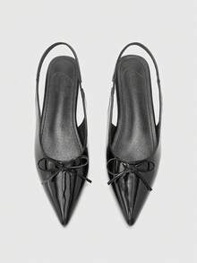 CUCCOO BIZCHIC Zapatos planos para mujer, mulas con punta puntiaguda de charol negro y lazo, diseño con tira trasera, textura suave, zapatos elegantes de oficina - Negro - Ver 2