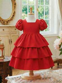 1pc Young Girl Deep Red Short Sleeve Round Neck Cake Dress,3D Ruffle & Pearl Decor,Summer Satin Party Dress,Flattering Silhouette For Celebration - Red - View 5