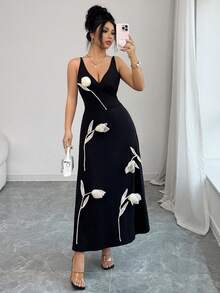 Rafferiza Vestido de tirantes largo con decoración floral elegante para mujer - Negro - Ver 6