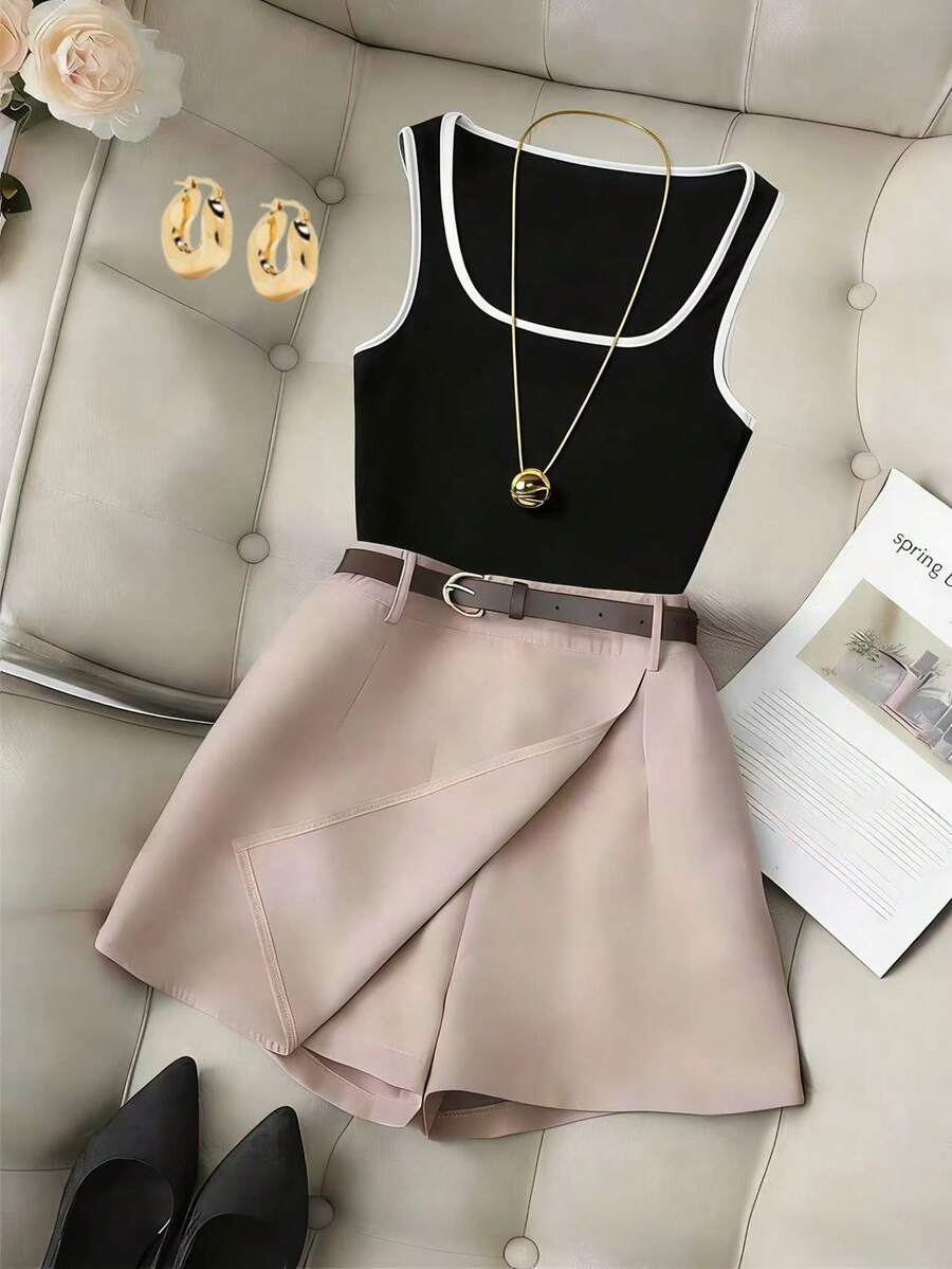 Franclia 2件套女士时尚日常百搭黑白撞色罗纹针织背心搭配卡其色阔腿短裤，春夏款 - 彩色 - 查看 1