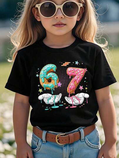 SHEIN GraphicGems Spring And Summer Casual Fashionable Creative Personality Refreshing Chic Minimalist Numeric 67, Donut, Ice Cream, Colorful Sprinkle, Star, Palm, Polka Dot, Lightning Graphic Print Comfortable Basic Short T-Shirt, Cozy Summer And Fall Styles Suitable For Spring, Summer, Autumn Seasons Girls Atmosphere Outfit