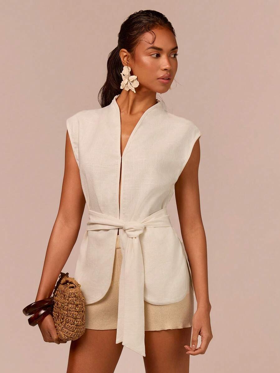 COSMINA 女士亚麻休闲夏季度假通勤纯色百搭短款上衣，亚麻上衣，亚麻背心，复古简约风。 - 杏色 - 查看 1