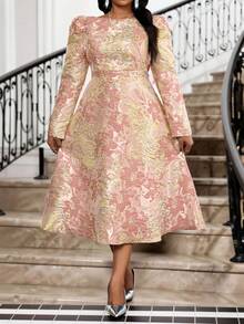 SHEIN Lady 大码优雅图案圆领长袖连衣裙 - 藕粉色 - 查看 3