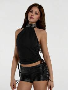 SHEIN ICON Summer Women's Hippie Black Goth Going Out Coachella Concert Club Rivet Design Side Drawstring Fitted Halter Neck Tank Top - Black - View 13