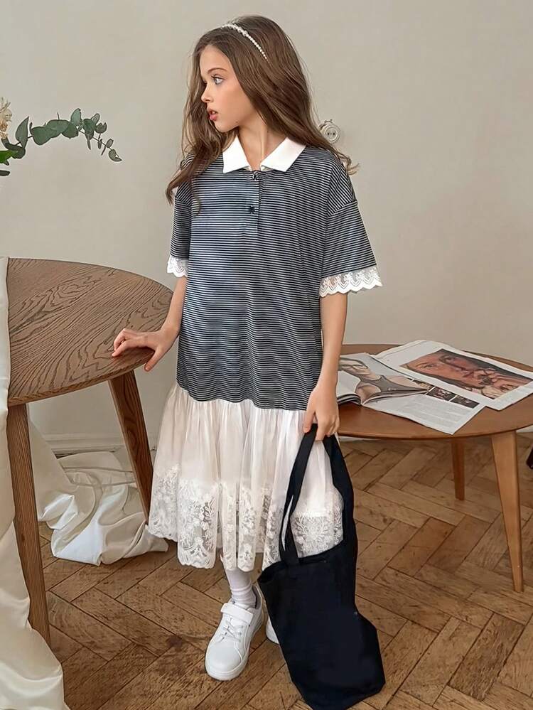 Tween Girls' Casual Striped Contrast Lace Drop-Shoulder Dress, Summer