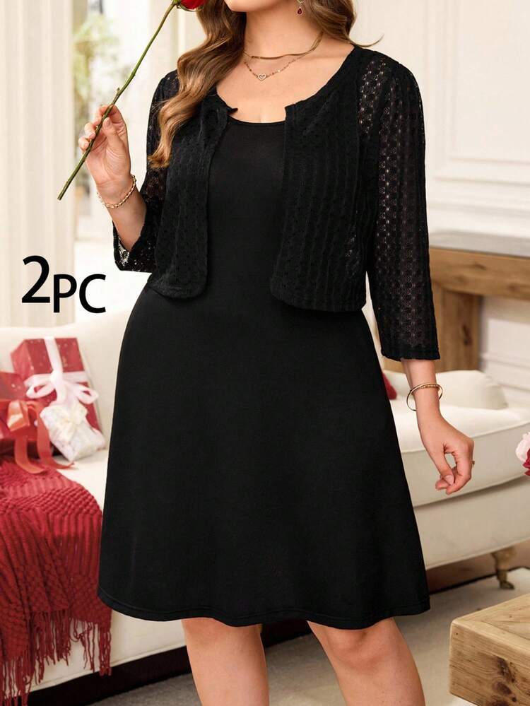 Plus Size Women 3/4 Sleeve Cardigan And Sleeveless Dress Elegant 2 Pieces Set/Summer/Spring/Vacation Elegant Black Dresses For Women 2 Piece Set Women Dress With Cardigan Set  Elegant Dress Women