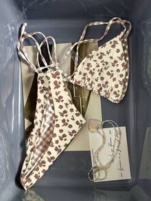 Swim Mod New Women's Summer 2-Piece Random Floral & Plaid Print Triangle Halter Bikini Top And Bottom Set, Beach Vacation Swimwear - Multicolor - View 1