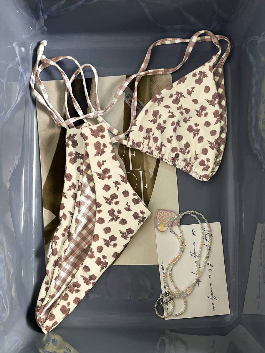 Swim Mod New Women's Summer 2-Piece Random Floral & Plaid Print Triangle Halter Bikini Top And Bottom Set, Beach Vacation Swimwear - Multicolor - View 1