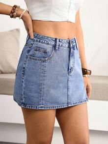 Breezaya 女士高腰带口袋休闲侧开衩牛仔裙 - 藍色 - 查看 3