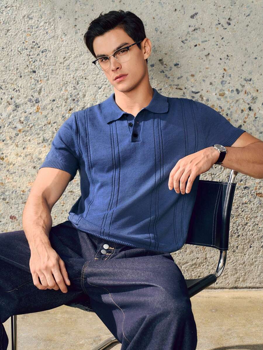 RONVEXI Men's Loose Lightweight Premium Knit Seagull Collar Polo Shirt - Striped Airplane Collar Short Sleeve, Cool & Comfortable Summer Fashion Casual Essential Men Buttoned Polo Men Knit Shirt Blue Polo Shirt Men Short Sleeve Polo - Dusty Blue - View 1