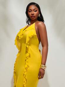 Radiana 大码女装时尚休闲性感度假荷叶边V领露背高开衩修身连衣裙，春夏款 - 黃色 - 查看 6